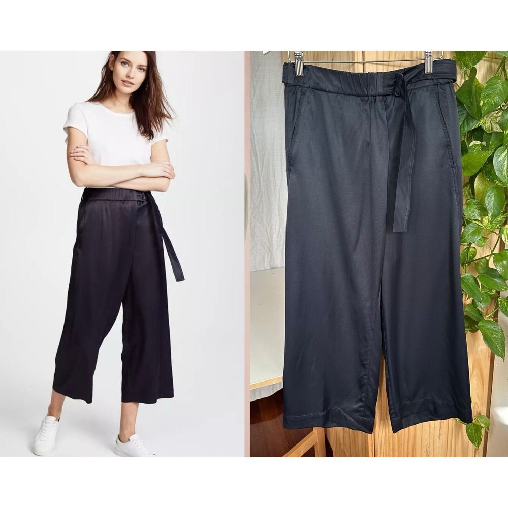 Vince $325 Belted CrossOver Culotte Wide Leg Pants S Dark Navy Satin Silk Drapey
